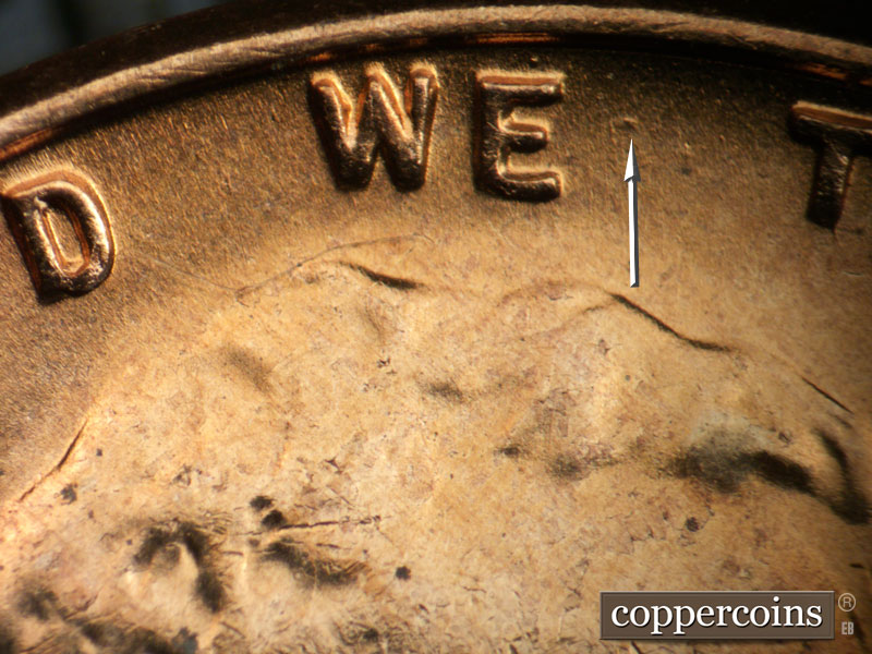 Die-stage B marker on 1957D•1MM•037 (1957 Repunched Mint Mark).