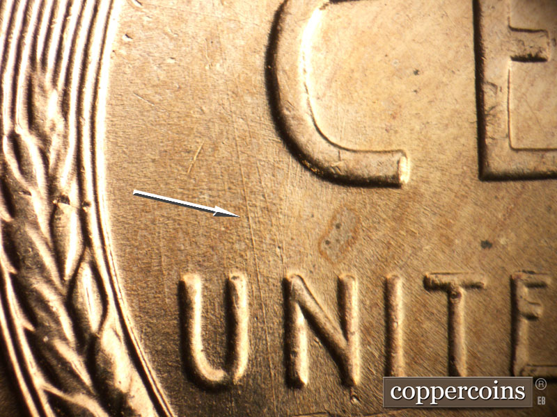 Die-stage B marker on 1957D•1MM•037 (1957 Repunched Mint Mark).