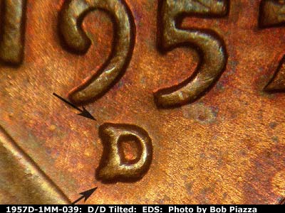 Die-stage A marker on 1957D•1MM•039 (1957 Repunched Mint Mark).