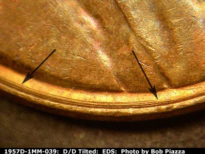Die-stage A marker on 1957D•1MM•039 (1957 Repunched Mint Mark).