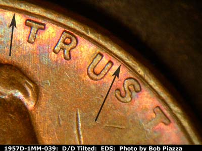 Die-stage A marker on 1957D•1MM•039 (1957 Repunched Mint Mark).