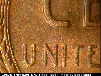 Die-stage A marker on 1957D•1MM•039 (1957 Repunched Mint Mark).