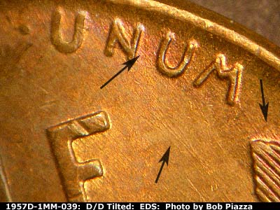 Die-stage A marker on 1957D•1MM•039 (1957 Repunched Mint Mark).