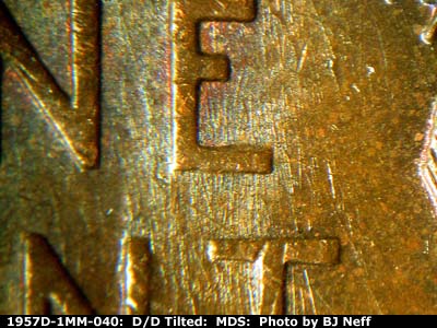 Die-stage B marker on 1957D•1MM•040 (1957 Repunched Mint Mark).