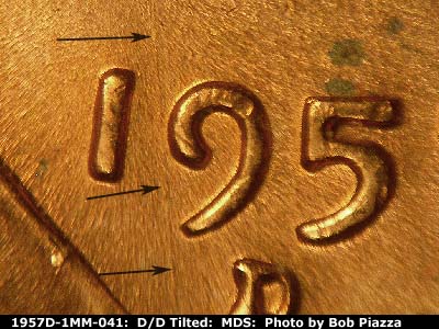 Die-stage B marker on 1957D•1MM•041 (1957 Repunched Mint Mark).