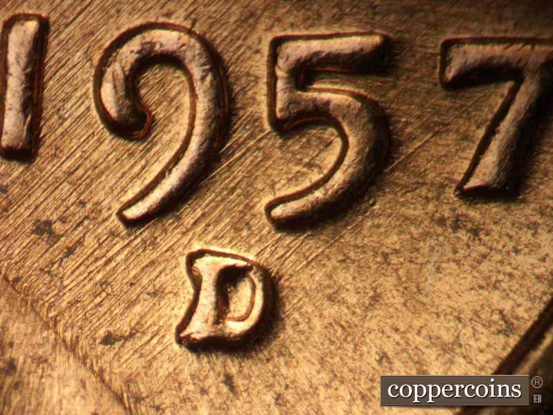 Die-stage C marker on 1957D•1MM•041 (1957 Repunched Mint Mark).