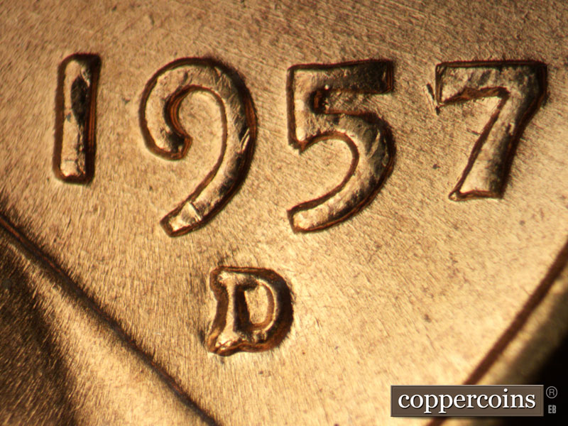 1957 Lincoln cent obverse, CopperCoins die 1957D•1MM•044.