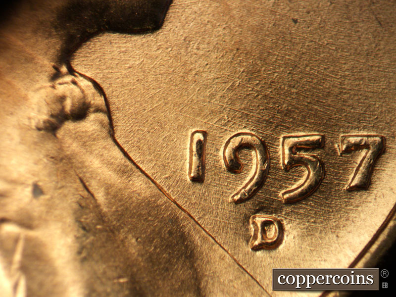 Die-stage B marker on 1957D•1MM•044 (1957 Repunched Mint Mark).