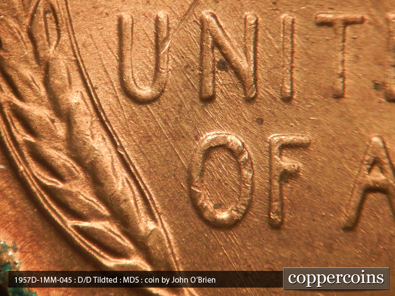 Die-stage B marker on 1957D•1MM•045 (1957 Repunched Mint Mark).