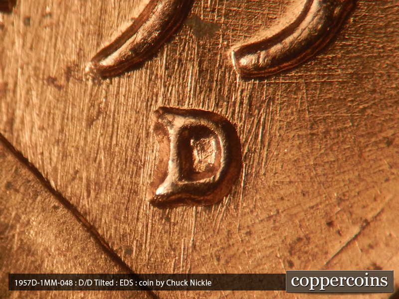 Die-stage A marker on 1957D•1MM•048 (1957 Repunched Mint Mark).