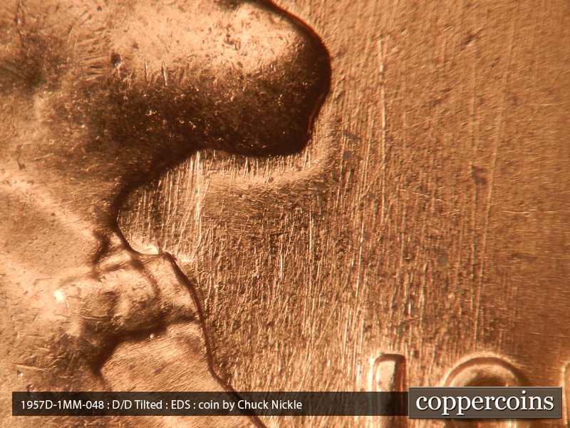 Die-stage A marker on 1957D•1MM•048 (1957 Repunched Mint Mark).