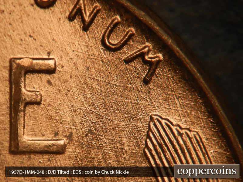 Die-stage A marker on 1957D•1MM•048 (1957 Repunched Mint Mark).