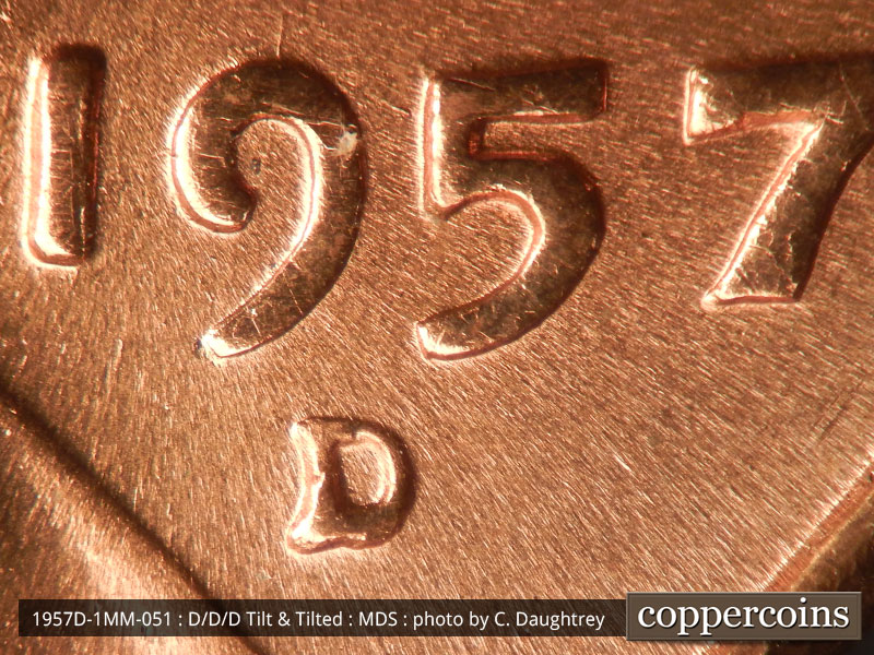 Die-stage B marker on 1957D•1MM•051 (1957 Repunched Mint Mark).