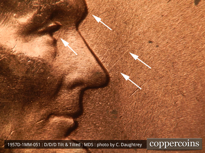 Die-stage B marker on 1957D•1MM•051 (1957 Repunched Mint Mark).
