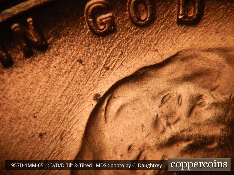 Die-stage B marker on 1957D•1MM•051 (1957 Repunched Mint Mark).