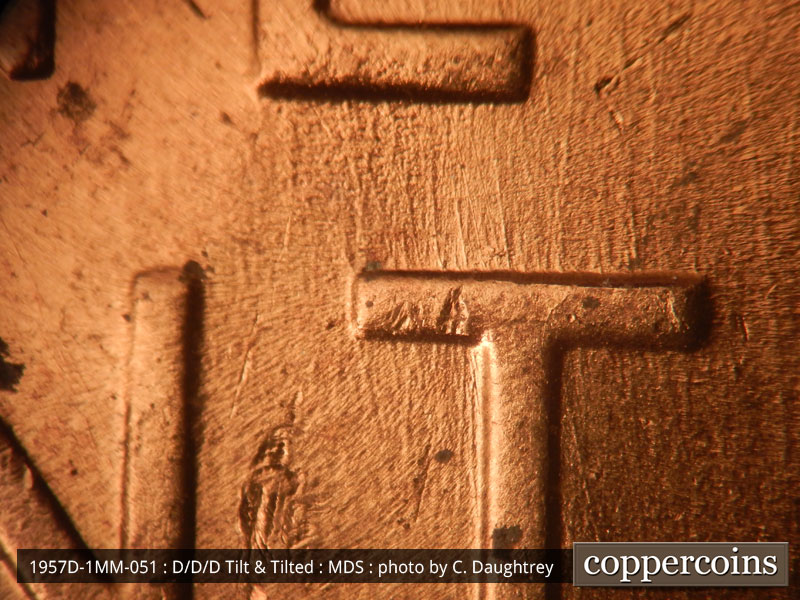 Die-stage B marker on 1957D•1MM•051 (1957 Repunched Mint Mark).