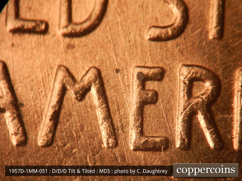 Die-stage B marker on 1957D•1MM•051 (1957 Repunched Mint Mark).