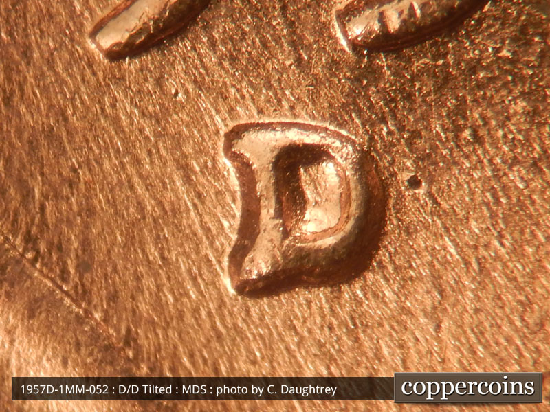1957 Lincoln cent obverse, CopperCoins die 1957D•1MM•052.