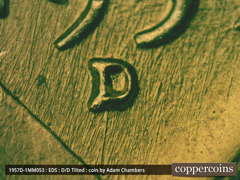 Die-stage A marker on 1957D•1MM•053 (1957 Repunched Mint Mark).