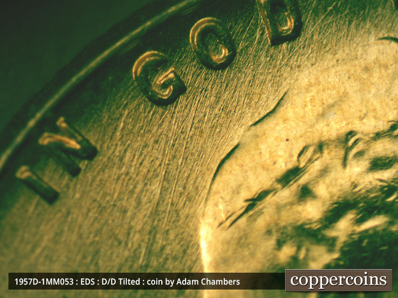 Die-stage A marker on 1957D•1MM•053 (1957 Repunched Mint Mark).