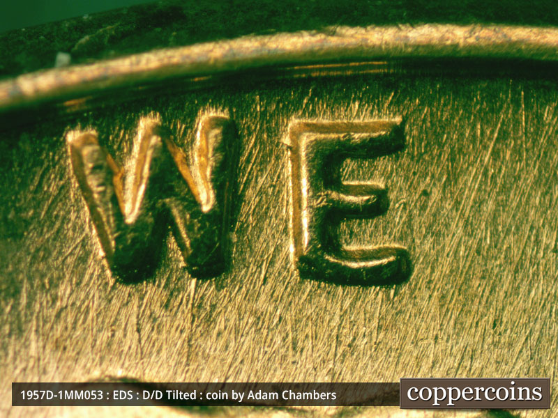 Die-stage A marker on 1957D•1MM•053 (1957 Repunched Mint Mark).