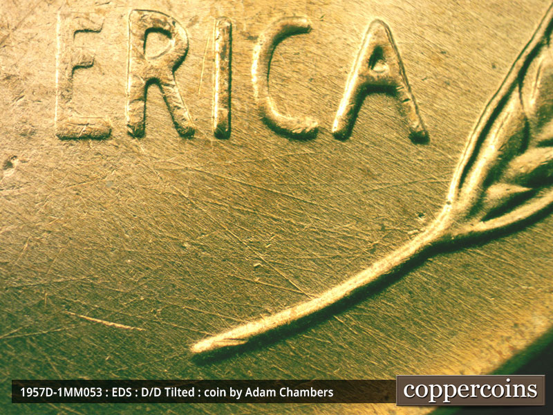 Die-stage A marker on 1957D•1MM•053 (1957 Repunched Mint Mark).