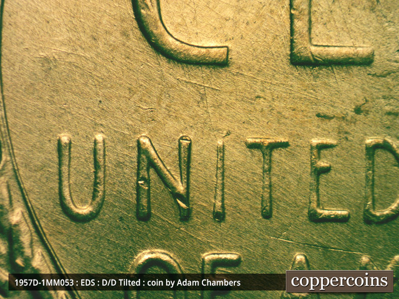 Die-stage A marker on 1957D•1MM•053 (1957 Repunched Mint Mark).