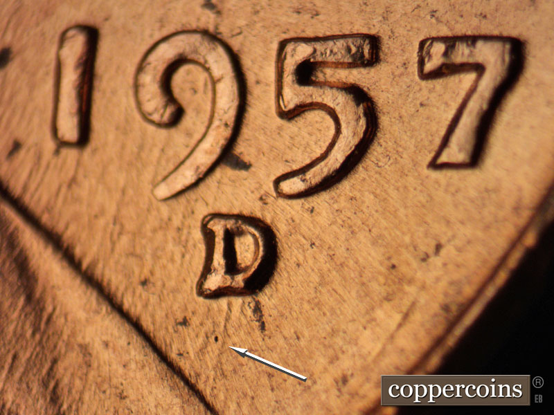 1957 Lincoln cent obverse, CopperCoins die 1957D•1MM•053.