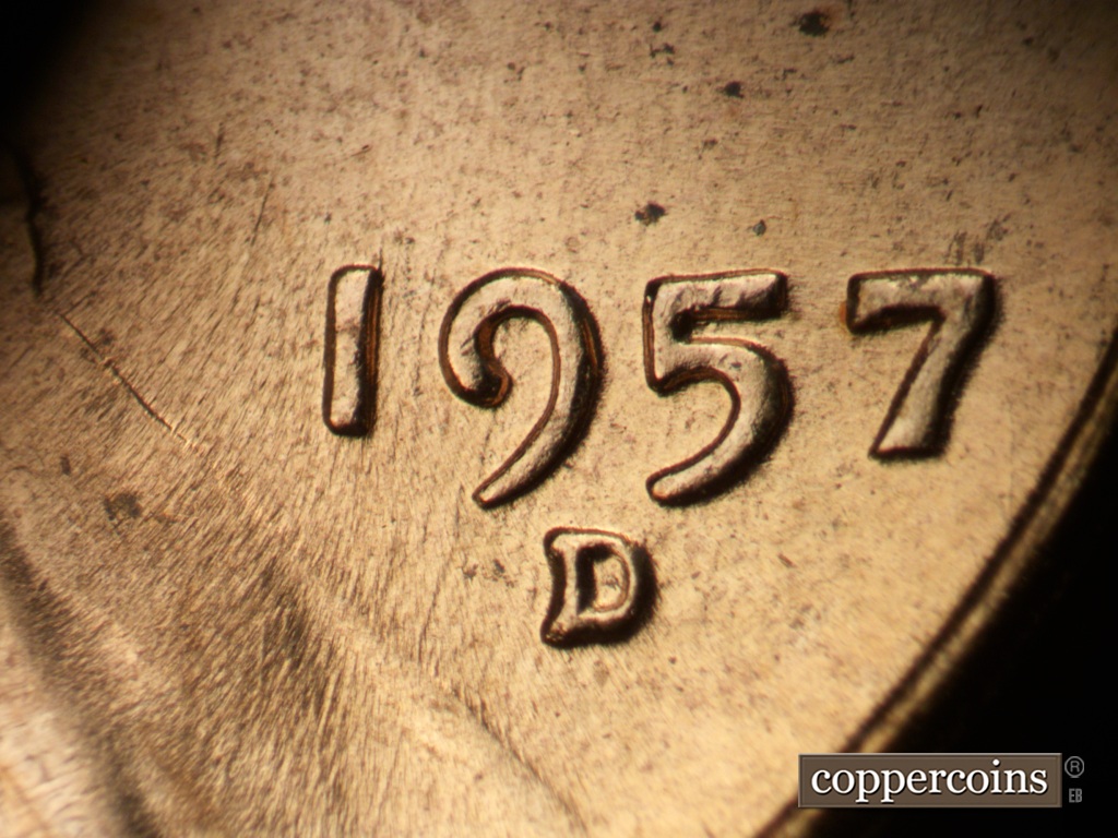 Die-stage C marker on 1957D•1MM•053 (1957 Repunched Mint Mark).