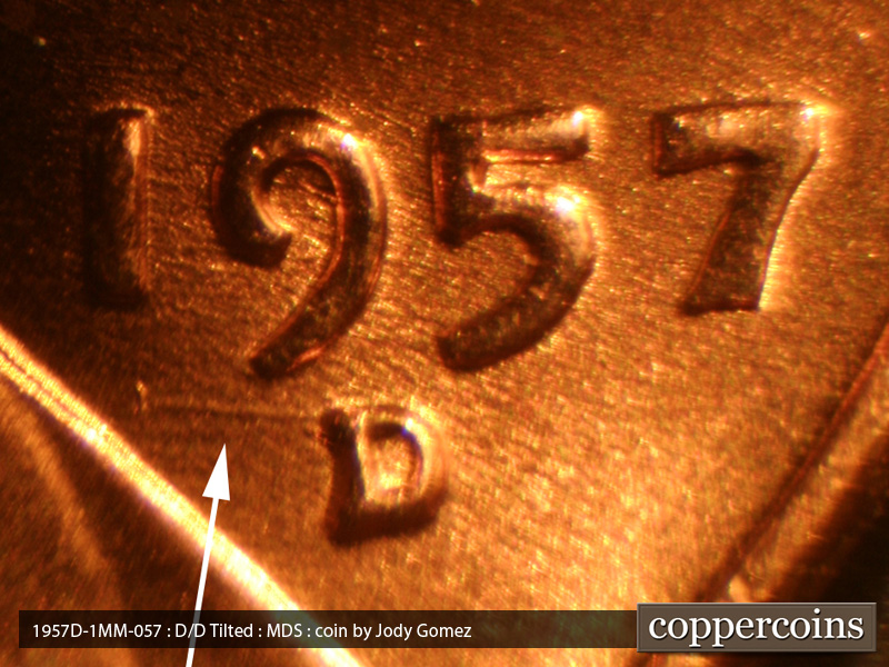 Die-stage B marker on 1957D•1MM•057 (1957 Repunched Mint Mark).