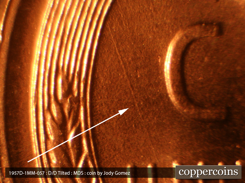 Die-stage B marker on 1957D•1MM•057 (1957 Repunched Mint Mark).