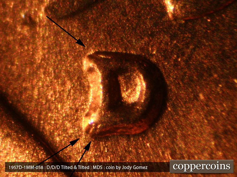 1957 Lincoln cent obverse, CopperCoins die 1957D•1MM•058.