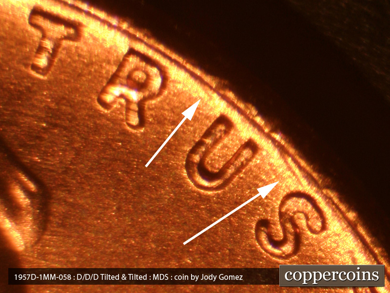 Die-stage B marker on 1957D•1MM•058 (1957 Repunched Mint Mark).