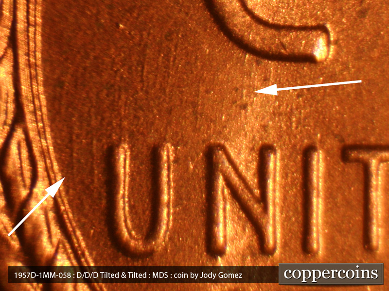 Die-stage B marker on 1957D•1MM•058 (1957 Repunched Mint Mark).
