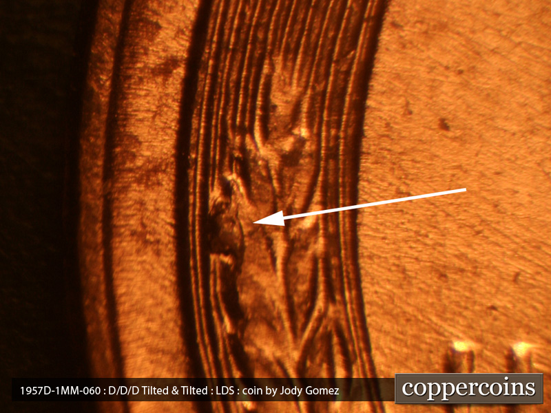 Die-stage C marker on 1957D•1MM•060 (1957 Repunched Mint Mark).