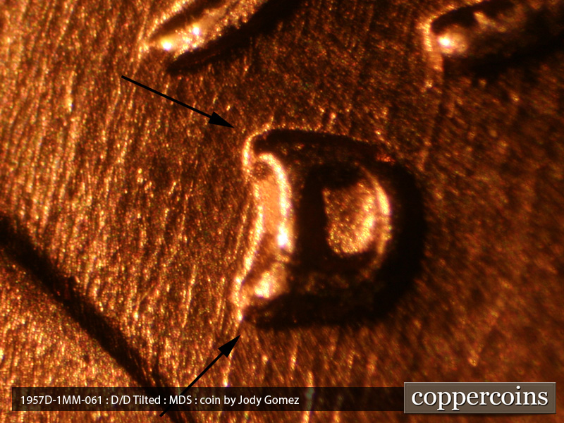 1957 Lincoln cent obverse, CopperCoins die 1957D•1MM•061.