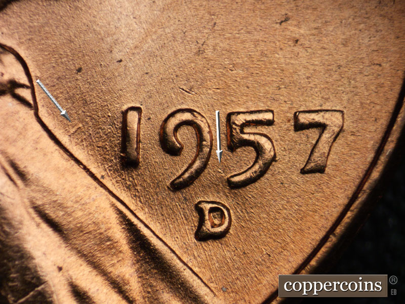 Die-stage A marker on 1957D•1MM•064 (1957 Repunched Mint Mark).