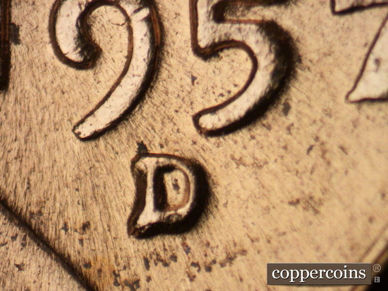 1957 Lincoln cent obverse, CopperCoins die 1957D•1MM•065.
