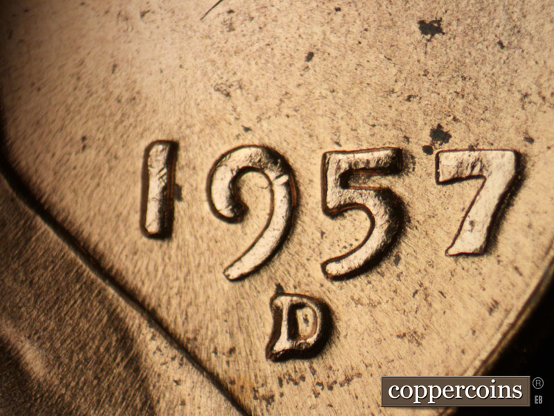Die-stage B marker on 1957D•1MM•065 (1957 Repunched Mint Mark).
