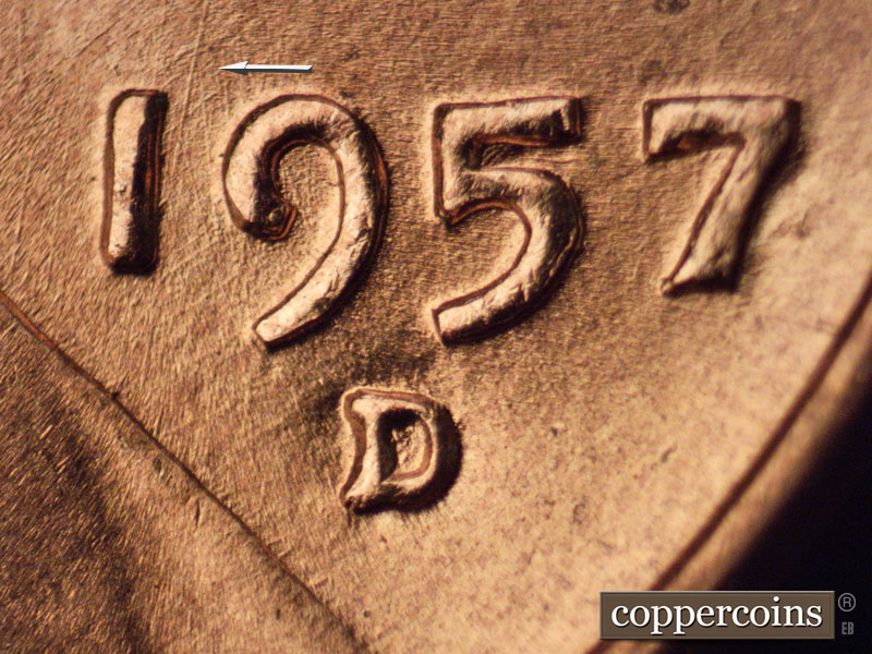 1957 Lincoln cent obverse, CopperCoins die 1957D•1MM•068.
