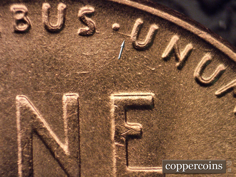 Die-stage B marker on 1957D•1MM•068 (1957 Repunched Mint Mark).
