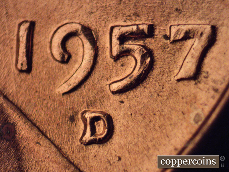 1957 Lincoln cent obverse, CopperCoins die 1957D•1MM•069.