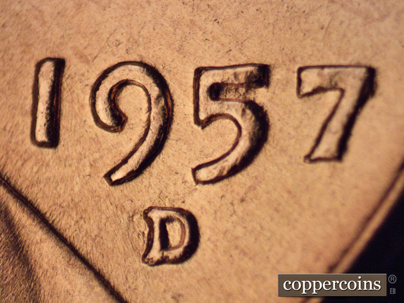 1957 Lincoln cent obverse, CopperCoins die 1957D•1MM•070.
