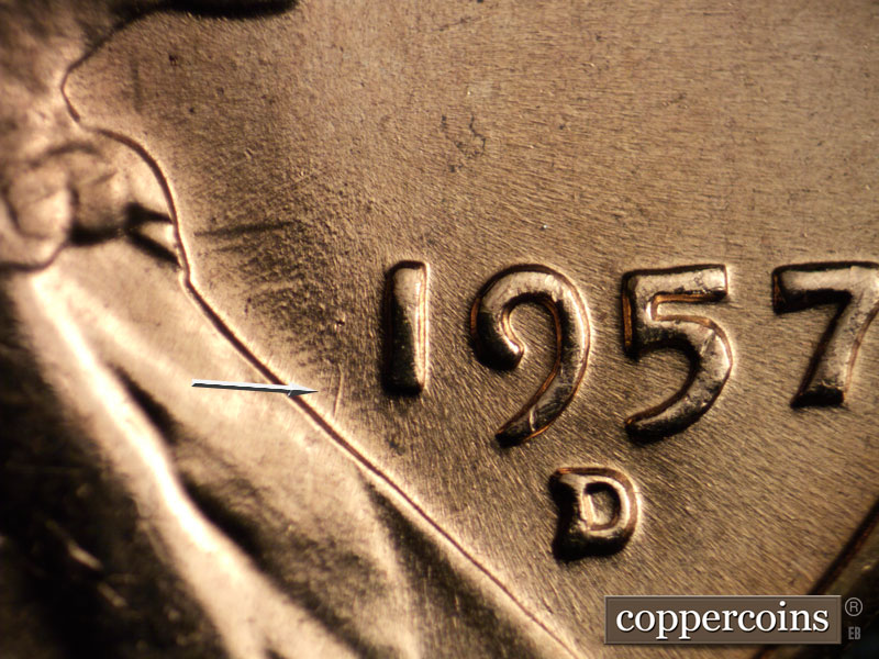 Die-stage B marker on 1957D•1MM•071 (1957 Repunched Mint Mark).