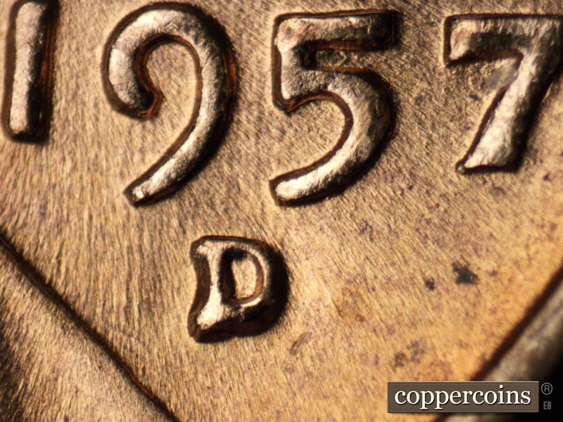 1957 Lincoln cent obverse, CopperCoins die 1957D•1MM•074.