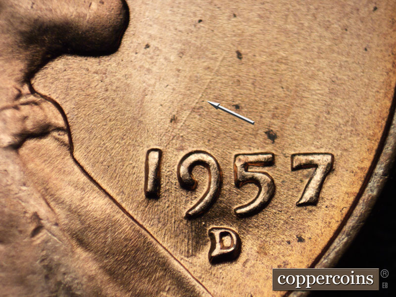 Die-stage B marker on 1957D•1MM•074 (1957 Repunched Mint Mark).