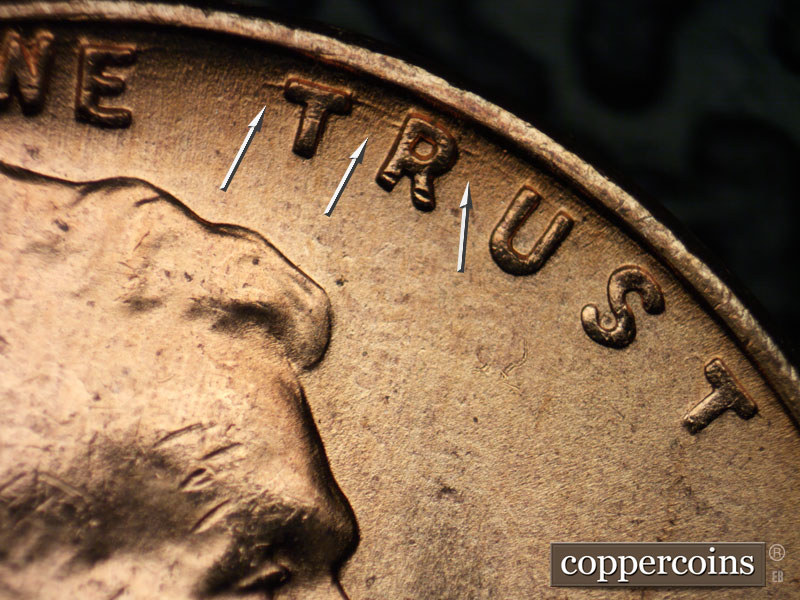 Die-stage B marker on 1957D•1MM•074 (1957 Repunched Mint Mark).