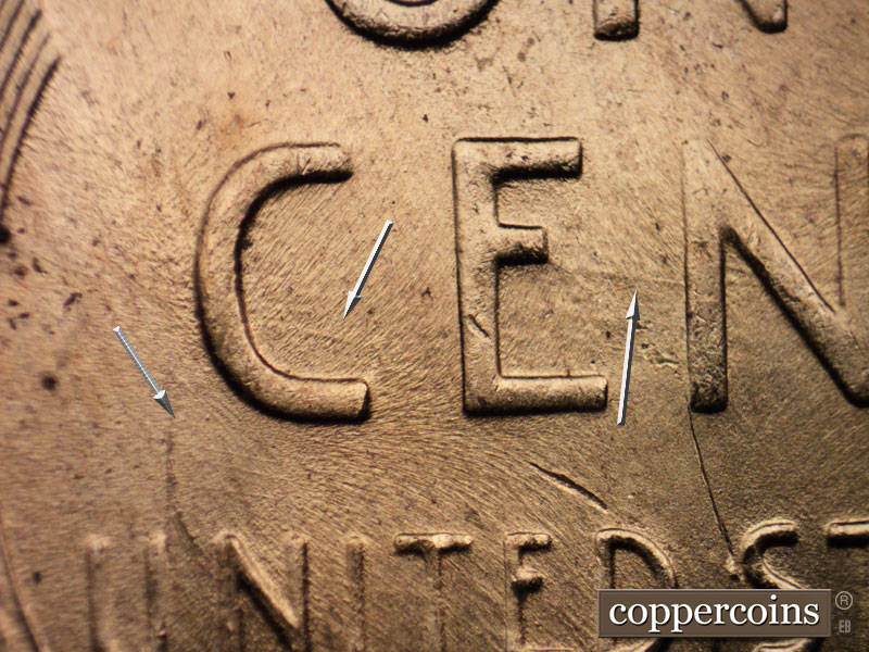 Die-stage B marker on 1957D•1MM•074 (1957 Repunched Mint Mark).