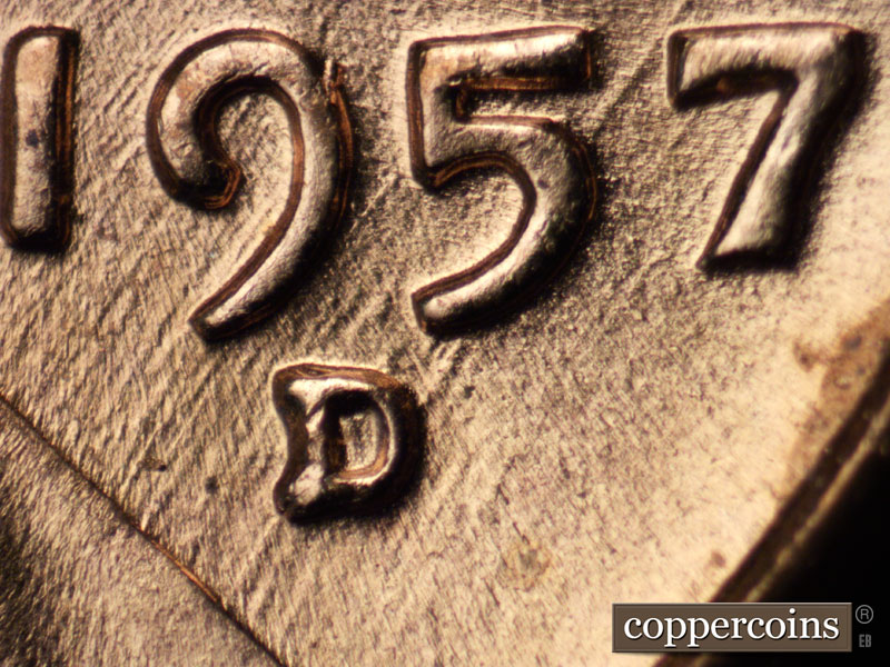 1957 Lincoln cent obverse, CopperCoins die 1957D•1MM•075.