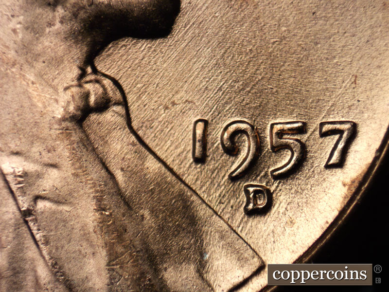 Die-stage B marker on 1957D•1MM•075 (1957 Repunched Mint Mark).